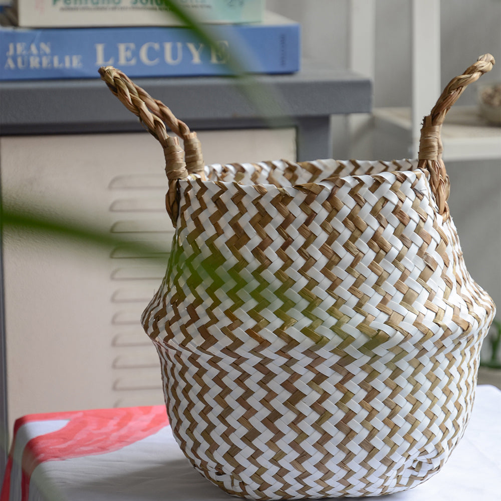 Cestino Vimini Boho a Righe Fatto a Mano - Portavaso Pieghevole e Cesto Biancheria Patchwork