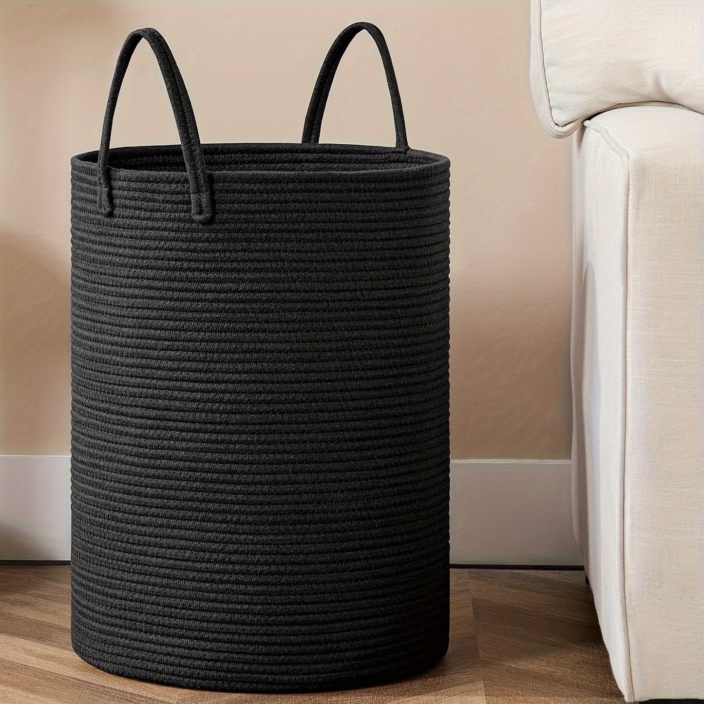 1pc Large Laundry Hamper Basket with Sturdy Handles - Extra Tall 38.1x50.8 cm, Heavy-Duty Storage Organizer with Open-Weave Design for Clothes,, Blankets - Modern Farmhouse Style in Black, Brown, Grey, Beige, White - Ideal fo