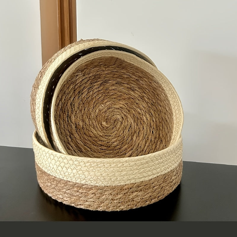 3pcs Set of Large-Capacity Modern And Simple Hand-Woven Storage Baskets, Rattan-Style Storage Baskets, Suitable for Kitchen Storage, Bathroom Storage, Living Room Toy And Snack Storage, Cat Nests, Etc., Are Essential And Good