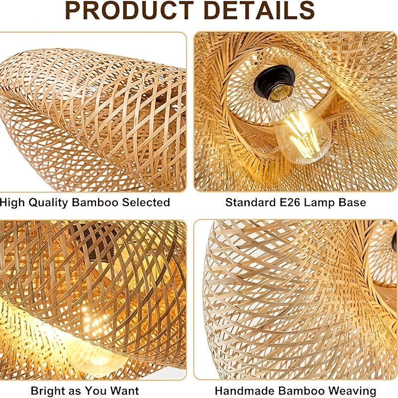 Hand-Woven Conch Bamboo Pendant Light Fixture - Modern Farmhouse Hanging Lamp with Polished Metal Frame, Semi-Flush Mount for Kitchen Island, Dining Room, Bar, Cafe, Living Room - High-Quality Natural Light, No Bulb Included,