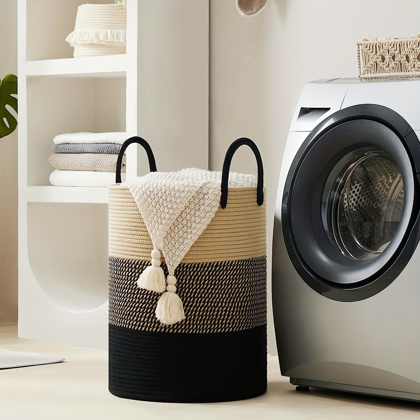 1pc Large Laundry Hamper Basket with Sturdy Handles - Extra Tall 38.1x50.8 cm, Heavy-Duty Storage Organizer with Open-Weave Design for Clothes,, Blankets - Modern Farmhouse Style in Black, Brown, Grey, Beige, White - Ideal fo