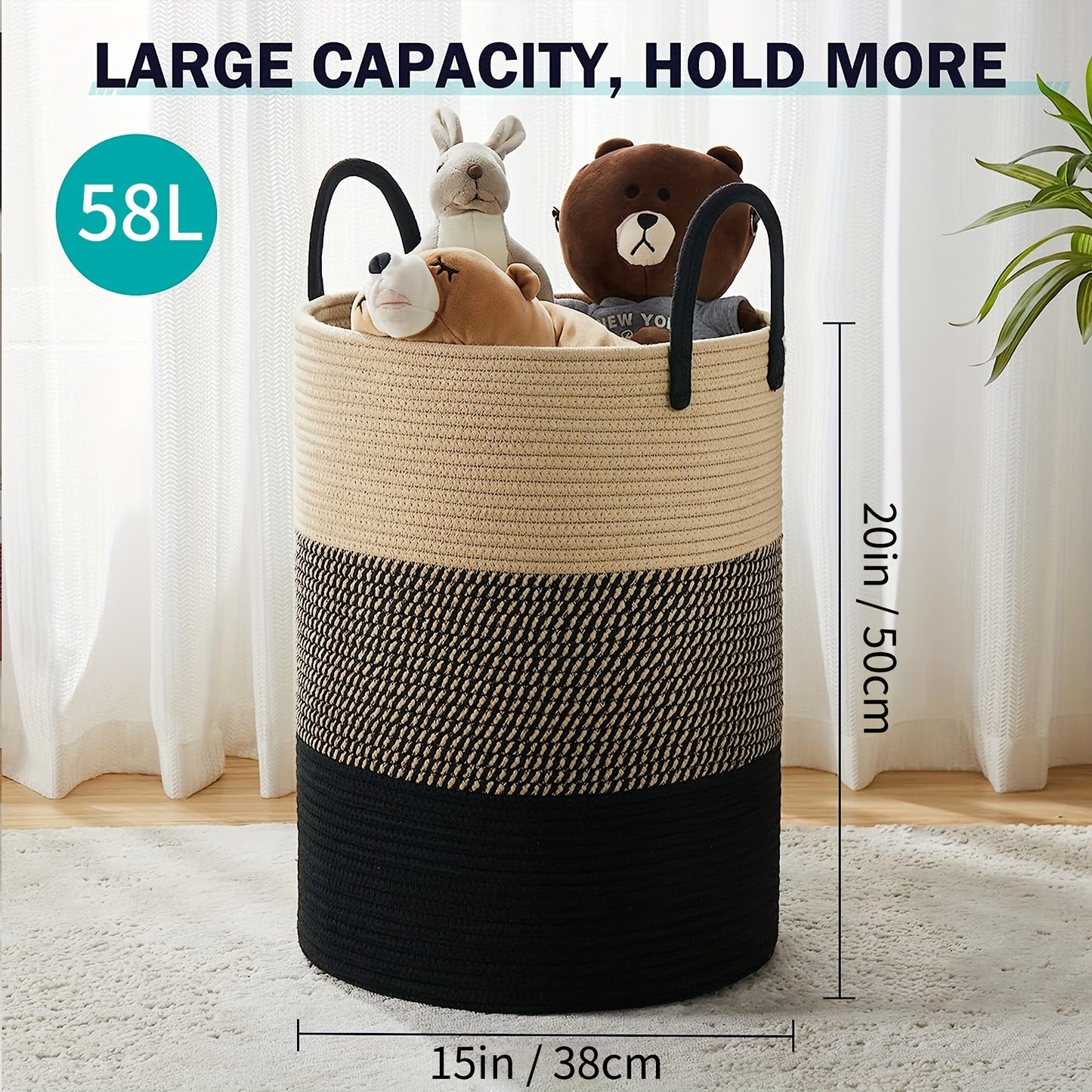 1pc Large Laundry Hamper Basket with Sturdy Handles - Extra Tall 38.1x50.8 cm, Heavy-Duty Storage Organizer with Open-Weave Design for Clothes,, Blankets - Modern Farmhouse Style in Black, Brown, Grey, Beige, White - Ideal fo