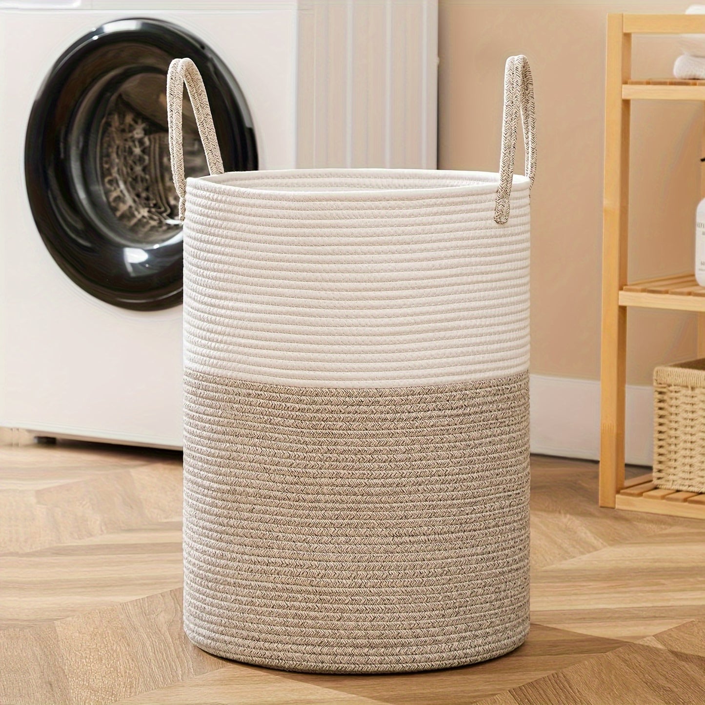 1pc Large Laundry Hamper Basket with Sturdy Handles - Extra Tall 38.1x50.8 cm, Heavy-Duty Storage Organizer with Open-Weave Design for Clothes,, Blankets - Modern Farmhouse Style in Black, Brown, Grey, Beige, White - Ideal fo