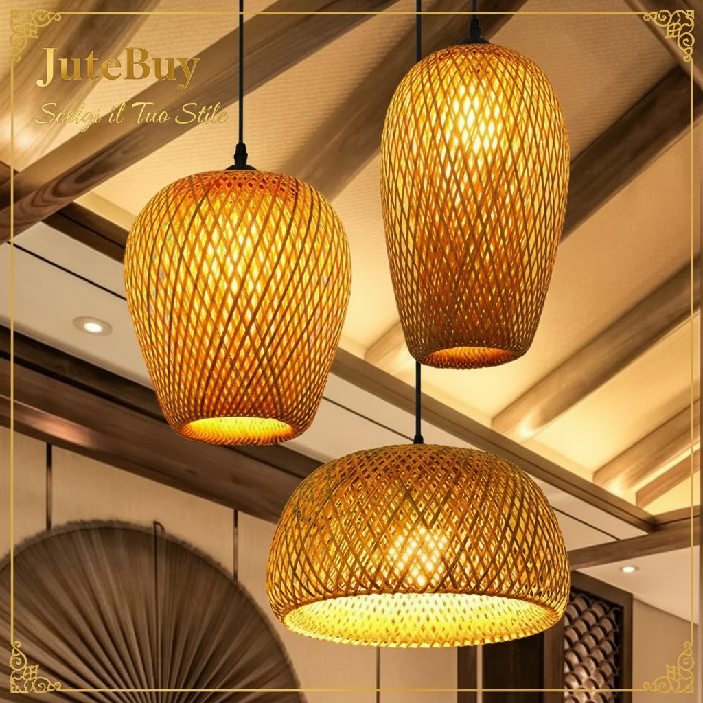 Lampada a Sospensione in Bambù Rattan - Lustre Intrecciato a Mano | JuteBuy