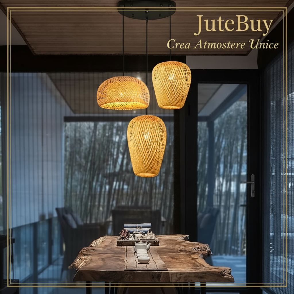 Lampada a Sospensione in Bambù Rattan - Lustre Intrecciato a Mano | JuteBuy