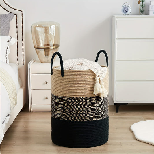 1pc Large Laundry Hamper Basket with Sturdy Handles - Extra Tall 38.1x50.8 cm, Heavy-Duty Storage Organizer with Open-Weave Design for Clothes,, Blankets - Modern Farmhouse Style in Black, Brown, Grey, Beige, White - Ideal fo