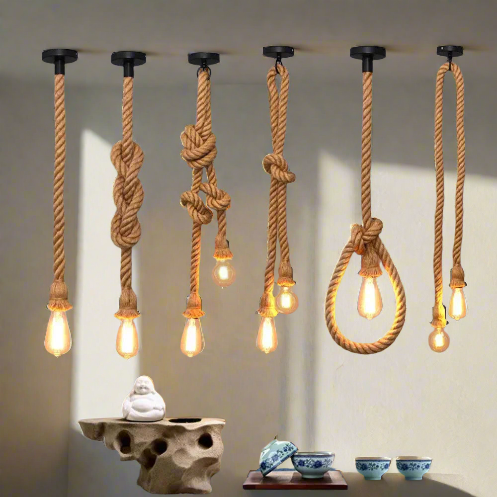Industrial E27 Vintage Hemp Rope Pendant Lights Attic Personality Indoor Lightings for Loft/Living Room/Bar Pendant Chandelier