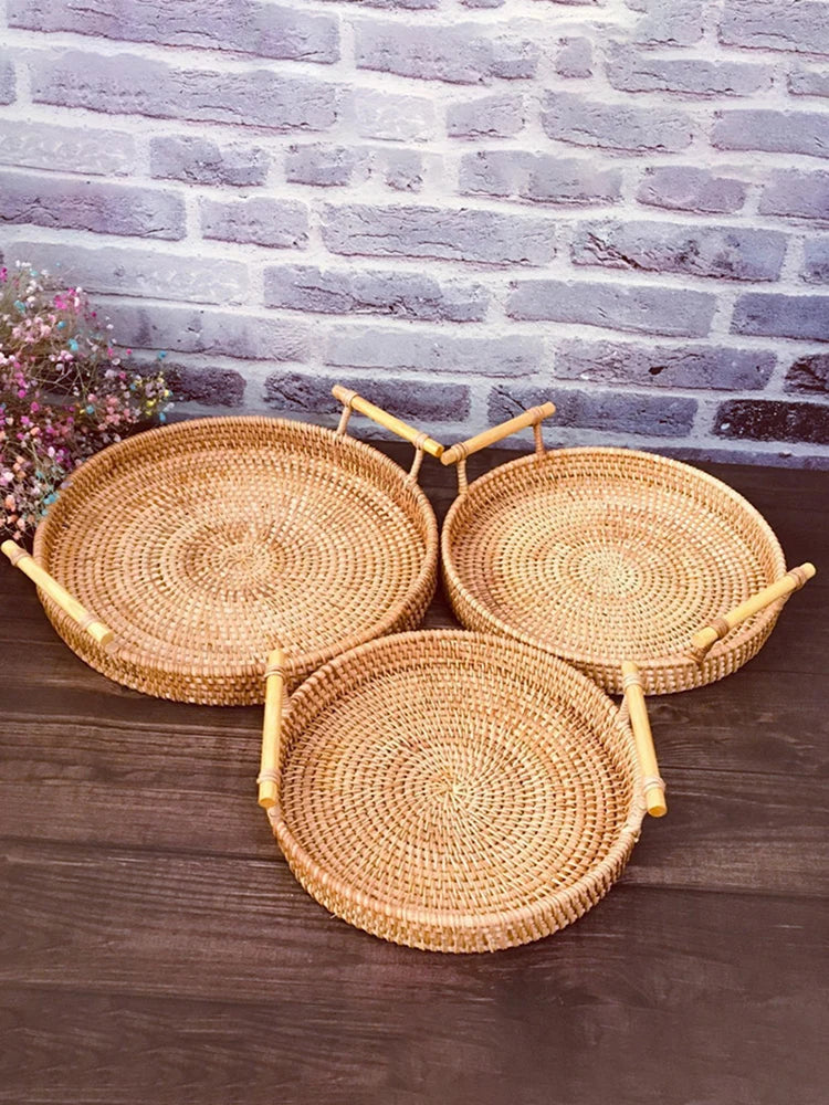 Set 3 Cestini Rattan Intrecciati con Manico - Vassoi Rotondi per Pane Frutta e Organizzazione Casa