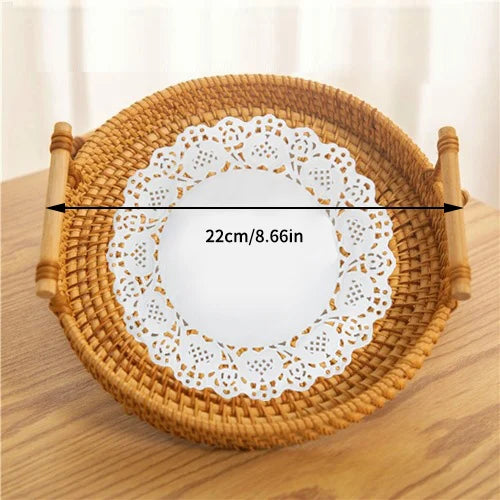 Set 3 Cestini Rattan Intrecciati con Manico - Vassoi Rotondi per Pane Frutta e Organizzazione Casa