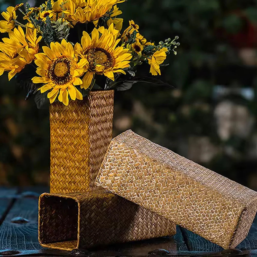Vaso Portafiori Intrecciato Fatto a Mano - Cestino Decorativo per Fiori Secchi e Gypsophila