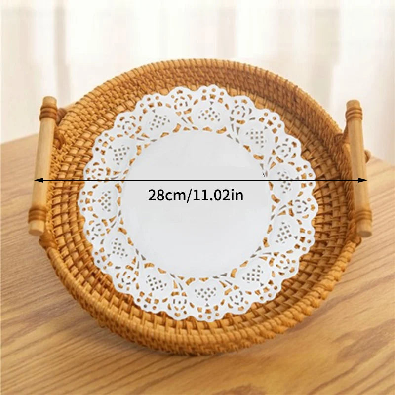 Set 3 Cestini Rattan Intrecciati con Manico - Vassoi Rotondi per Pane Frutta e Organizzazione Casa