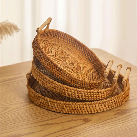 Set 3 Cestini Rattan Intrecciati con Manico - Vassoi Rotondi per Pane Frutta e Organizzazione Casa