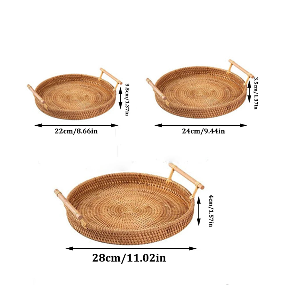 Set 3 Cestini Rattan Intrecciati con Manico - Vassoi Rotondi per Pane Frutta e Organizzazione Casa