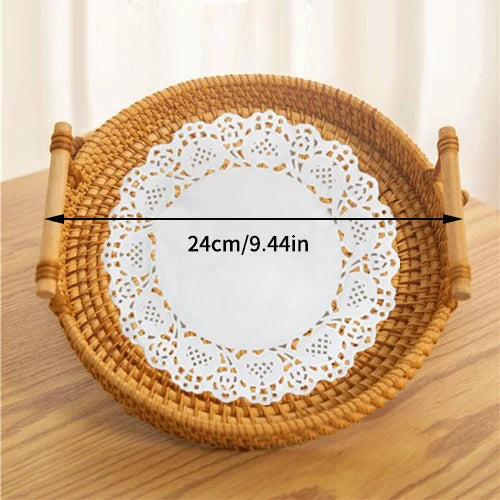 Set 3 Cestini Rattan Intrecciati con Manico - Vassoi Rotondi per Pane Frutta e Organizzazione Casa