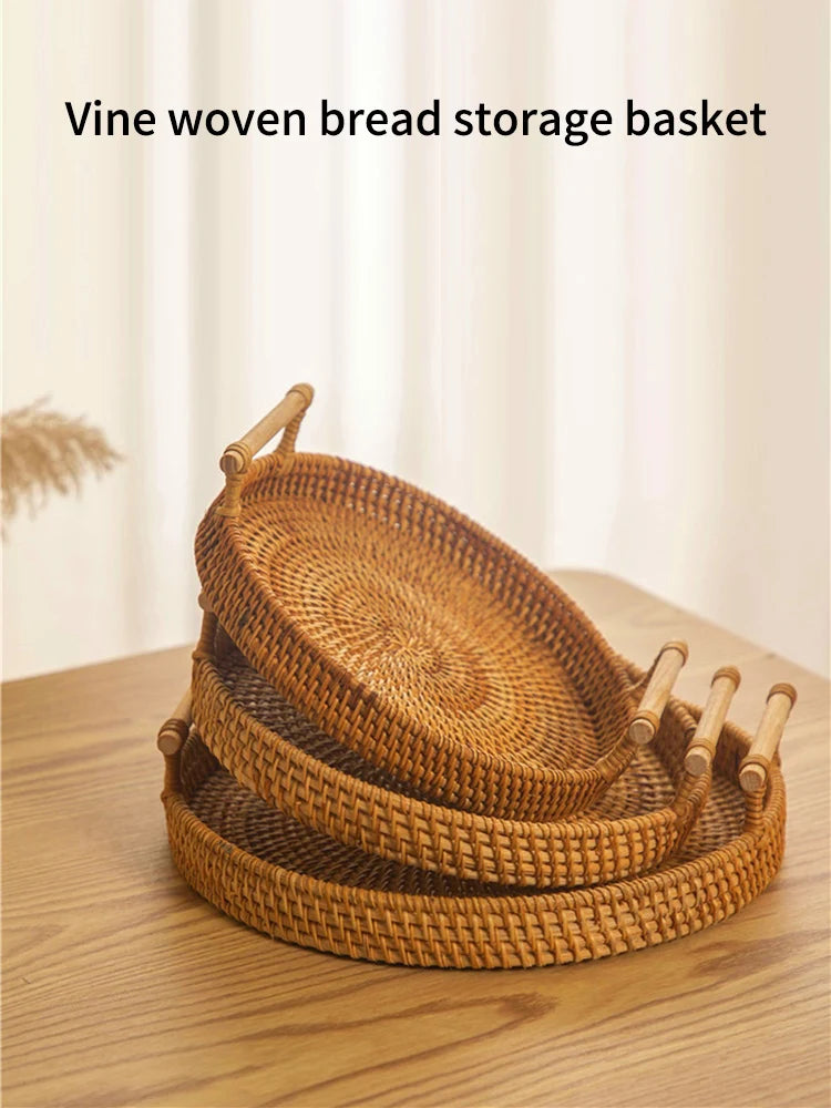 Set 3 Cestini Rattan Intrecciati con Manico - Vassoi Rotondi per Pane Frutta e Organizzazione Casa