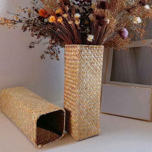 Vaso Portafiori Intrecciato Fatto a Mano - Cestino Decorativo per Fiori Secchi e Gypsophila