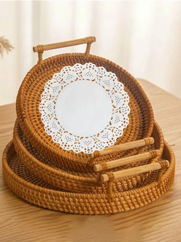 Set 3 Cestini Rattan Intrecciati con Manico - Vassoi Rotondi per Pane Frutta e Organizzazione Casa