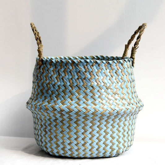 Cestino Vimini Boho a Righe Fatto a Mano - Portavaso Pieghevole e Cesto Biancheria Patchwork