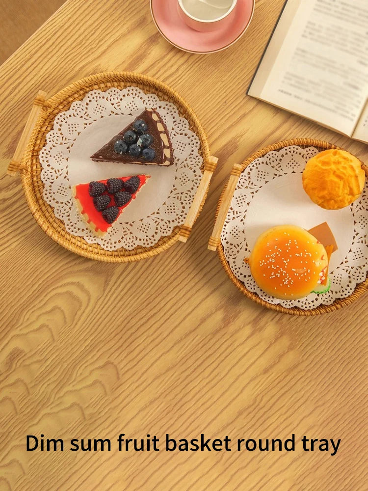 Set 3 Cestini Rattan Intrecciati con Manico - Vassoi Rotondi per Pane Frutta e Organizzazione Casa