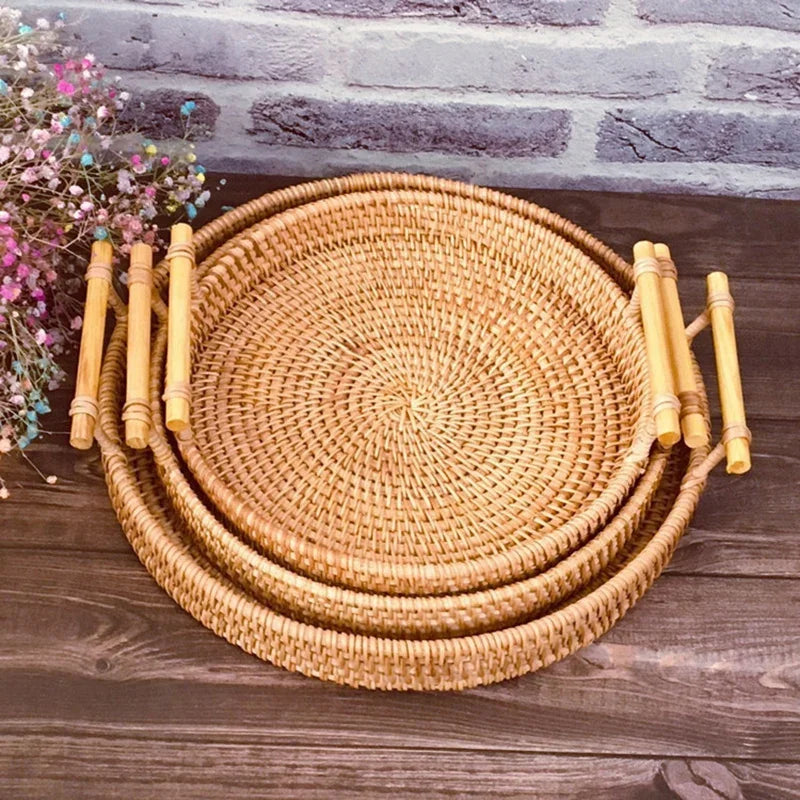 Set 3 Cestini Rattan Intrecciati con Manico - Vassoi Rotondi per Pane Frutta e Organizzazione Casa