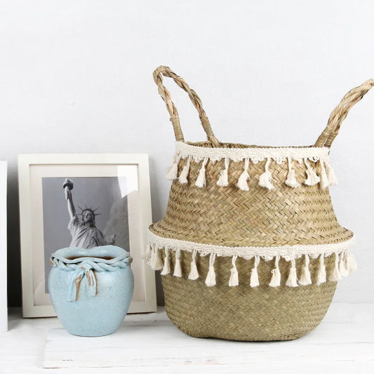 Cestino Vimini Boho Intrecciato a Mano con Manico - Portavaso Pieghevole Decorativo Stile Rattan
