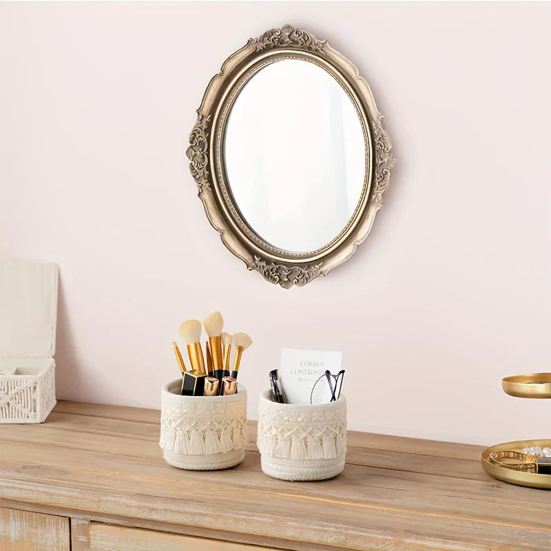 Portapennelli Trucco Boho Fatto a Mano - Cestino Intrecciato Bicolore con Nappa per Cosmetici