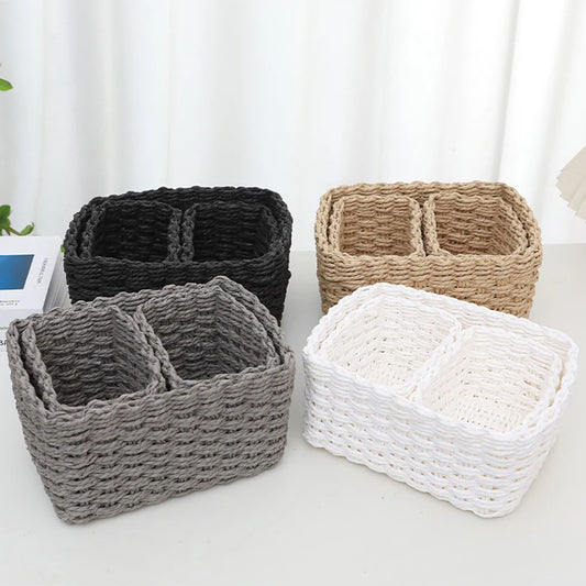 Set 3 Cestini Portaoggetti in Paglia Intrecciata - Organizer Rotondi Decorativi per Casa e Ufficio
