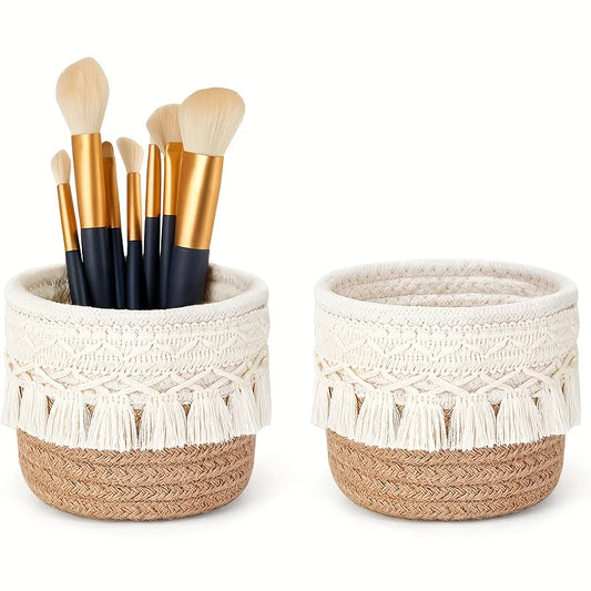 Portapennelli Trucco Boho Fatto a Mano - Cestino Intrecciato Bicolore con Nappa per Cosmetici
