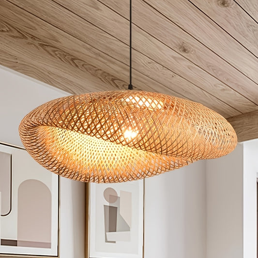 Hand-Woven Conch Bamboo Pendant Light Fixture - Modern Farmhouse Hanging Lamp with Polished Metal Frame, Semi-Flush Mount for Kitchen Island, Dining Room, Bar, Cafe, Living Room - High-Quality Natural Light, No Bulb Included,