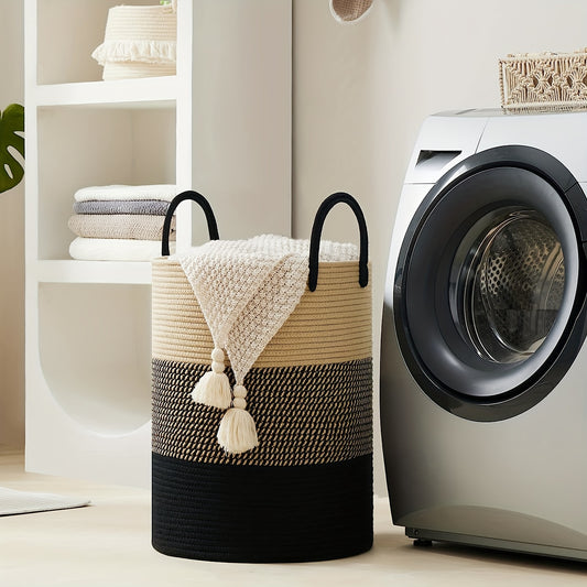 1pc Large Laundry Hamper Basket with Sturdy Handles - Extra Tall 38.1x50.8 cm, Heavy-Duty Storage Organizer with Open-Weave Design for Clothes,, Blankets - Modern Farmhouse Style in Black, Brown, Grey, Beige, White - Ideal fo