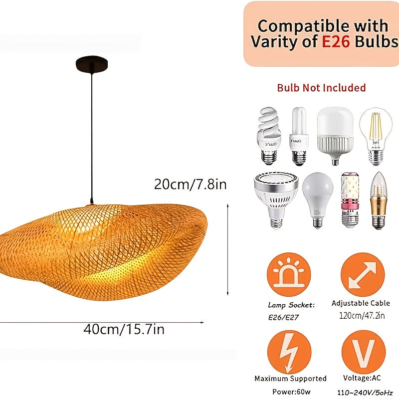 Hand-Woven Conch Bamboo Pendant Light Fixture - Modern Farmhouse Hanging Lamp with Polished Metal Frame, Semi-Flush Mount for Kitchen Island, Dining Room, Bar, Cafe, Living Room - High-Quality Natural Light, No Bulb Included,